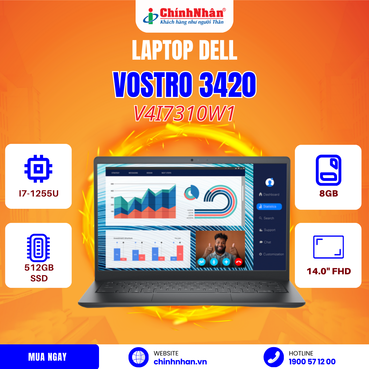 Hình ảnh chi tiết Laptop Dell Vostro 3420  I7-1255U/14.0"FHD/ 1X8G/ 512GB SSD/MX550 WITH 2GB GDDR6/WIN 11/ OFFICE HS 2021/V4I7310W1 - Ảnh số 2