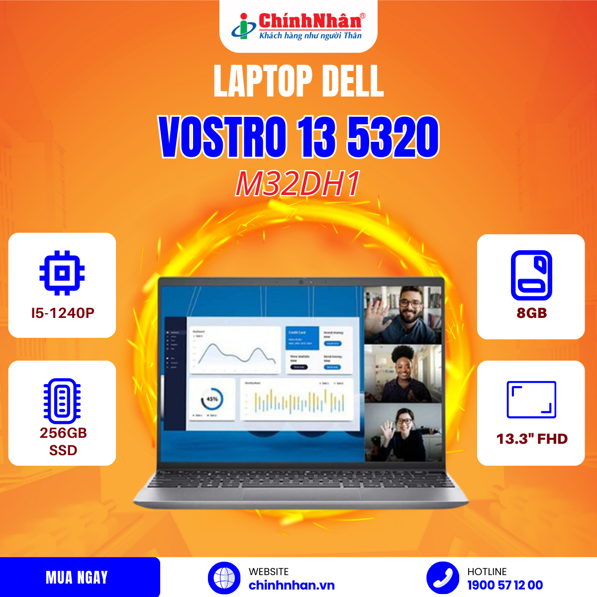 Hình ảnh chi tiết Laptop Dell Vostro 13 5320 I5-1240P/ 8Gb/ 256gb SSD/ 13.3FHD/Win 11/OFFICE ST /M32DH1 - Ảnh số 2