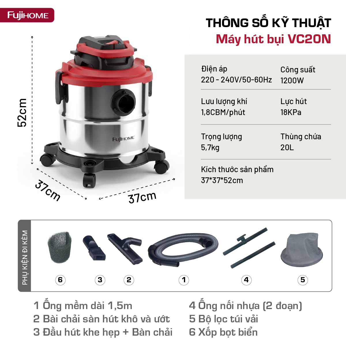 Hình ảnh chi tiết Máy hút bụi khô & ướt dung tích lớn, 
làm sạch mạnh mẽ Fujihome VC20N - Ảnh số 12
