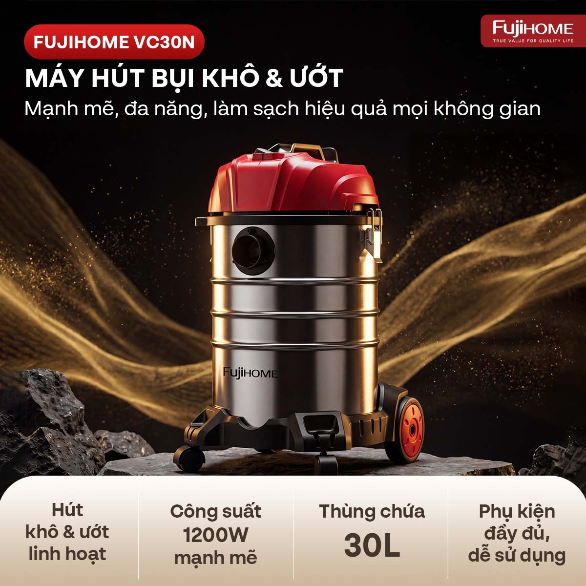 Hình ảnh chi tiết Máy hút bụi khô & ướt dung tích lớn,
 làm sạch mạnh mẽ Fujihome VC30N - Ảnh số 2