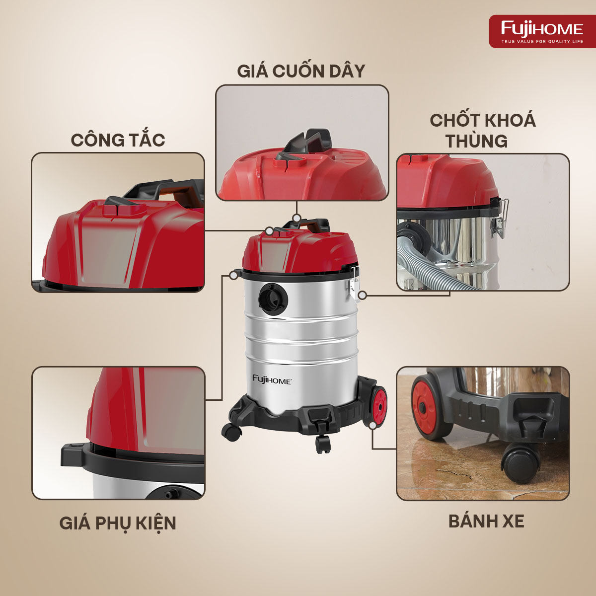 Hình ảnh chi tiết Máy hút bụi khô & ướt dung tích lớn,
 làm sạch mạnh mẽ Fujihome VC30N - Ảnh số 14