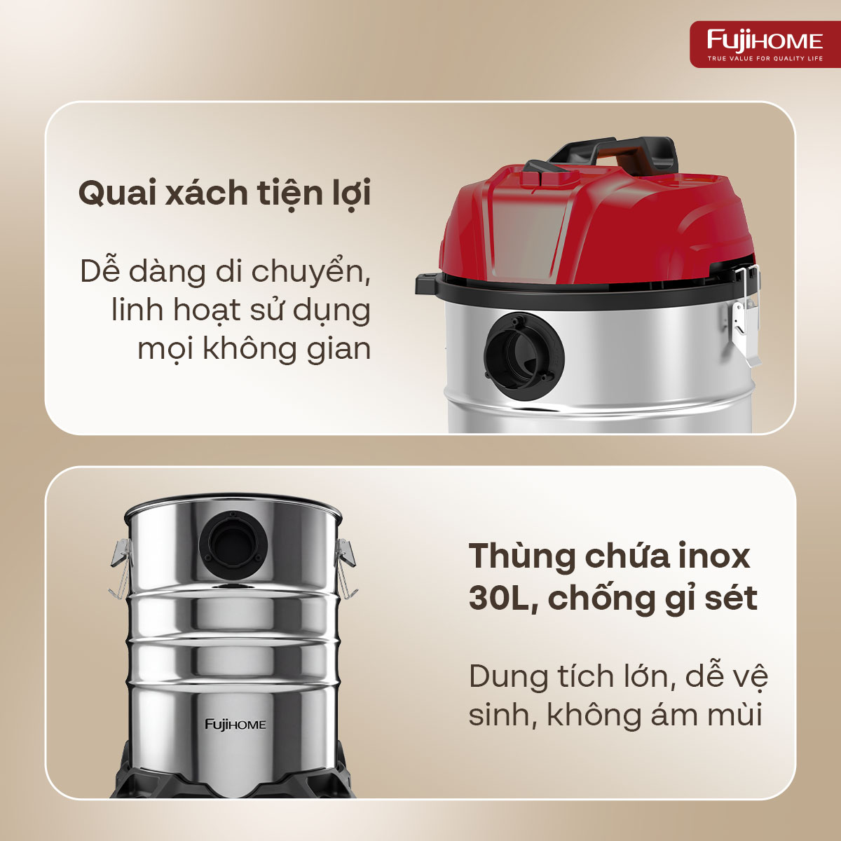 Hình ảnh chi tiết Máy hút bụi khô & ướt dung tích lớn,
 làm sạch mạnh mẽ Fujihome VC30N - Ảnh số 8