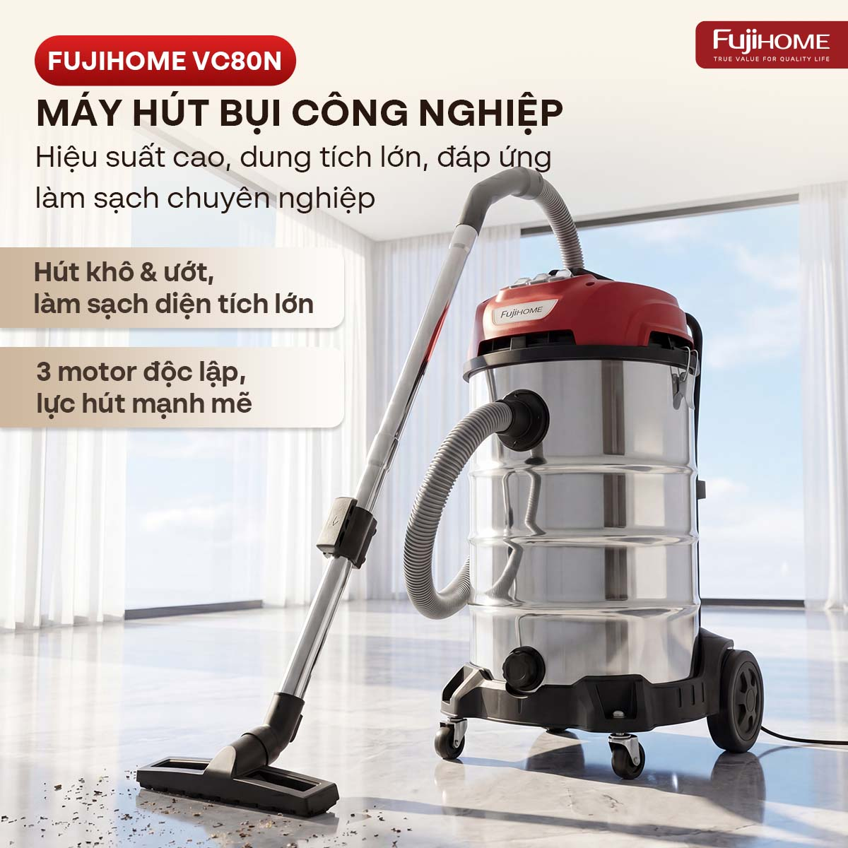 Hình ảnh chi tiết Máy hút bụi công nghiệp khô & ướt công
 suất kép, hiệu suất vượt trội Fujihome VC80 - Ảnh số 2