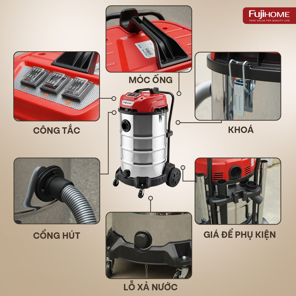Hình ảnh chi tiết Máy hút bụi công nghiệp khô & ướt công
 suất kép, hiệu suất vượt trội Fujihome VC80 - Ảnh số 9