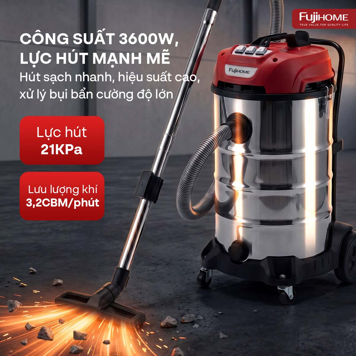 Hình ảnh chi tiết Máy hút bụi công nghiệp khô & ướt công
 suất kép, hiệu suất vượt trội Fujihome VC80 - Ảnh số 10
