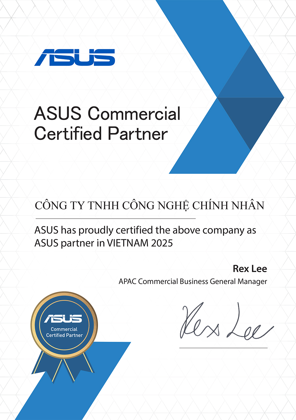 2025 asus commercial certificate partner Công Nghệ Chính Nhân