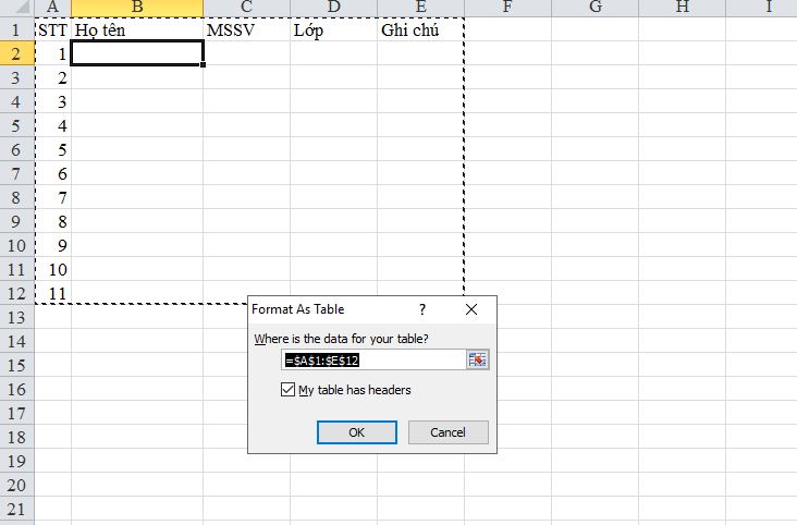 Cách tạo bảng trong Excel