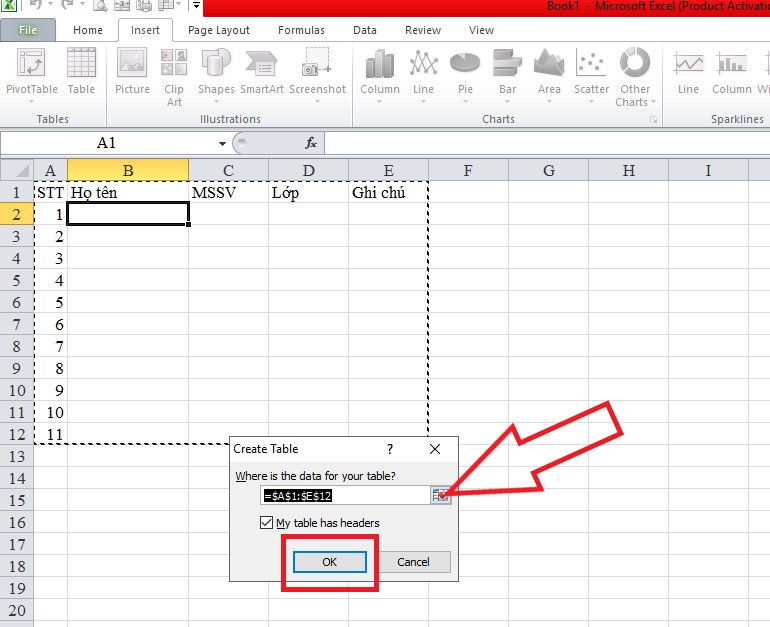 Cách tạo bảng trong Excel