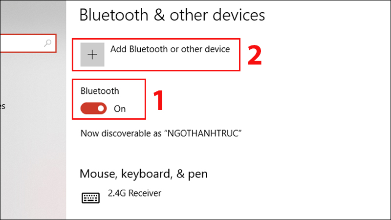 Bật bluetooth và nhấn Thêm Bluetooth hoặc thiết bị khác