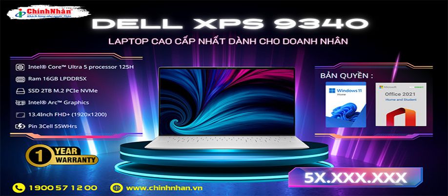 Laptop Dell XPS 13 9340 XPSU5002W1 Ultra 5 125H/13.4INCH FHD+/16G/ 2TB SSD/WIN 11/ OFFICE H&S 2021/XPSU5002W1